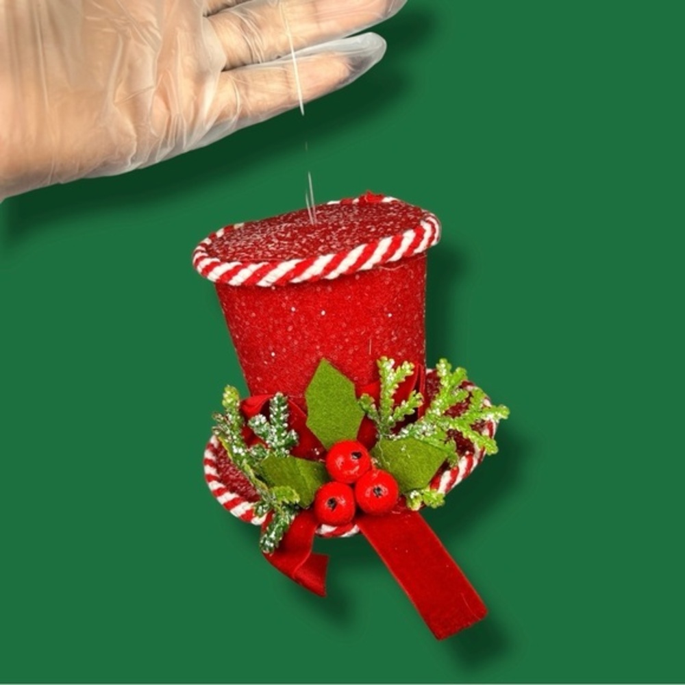 Red Glittery Candy Cane Hat Ornament - “Janna”